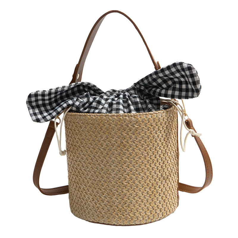 Sweet Style Straw Bucket Bag Women's Summer New Bow Drawstring Design Shoulder Messenger Bag