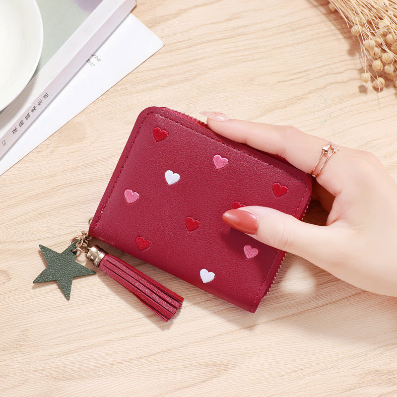 Cute Heart Embroidery PU Wallet for Women with Tassel Charm and Star Pendant, Compact Card Holder for Daily Use