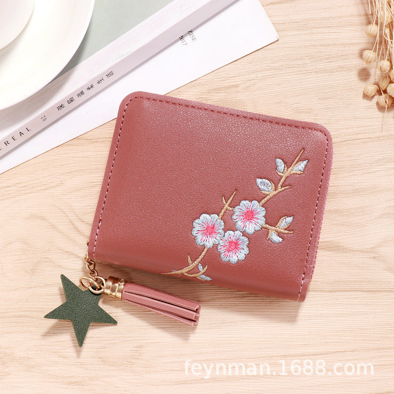 Cute Heart Embroidery PU Wallet for Women with Tassel Charm and Star Pendant, Compact Card Holder for Daily Use