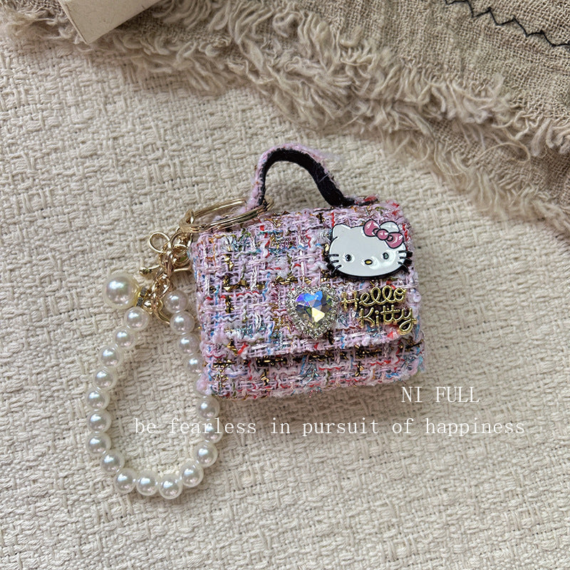 Korean Style New Retro Dots Cartoon Cat Lipstick Pack Pearl Exquisite High Sense Versatile Pendant Keychain for Women