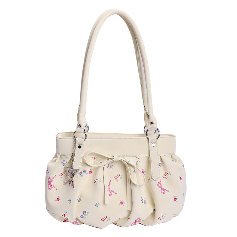 Korean Style Large Capacity Shoulder Bag with Pleated Design and Polka Dot Print for Daily Commute