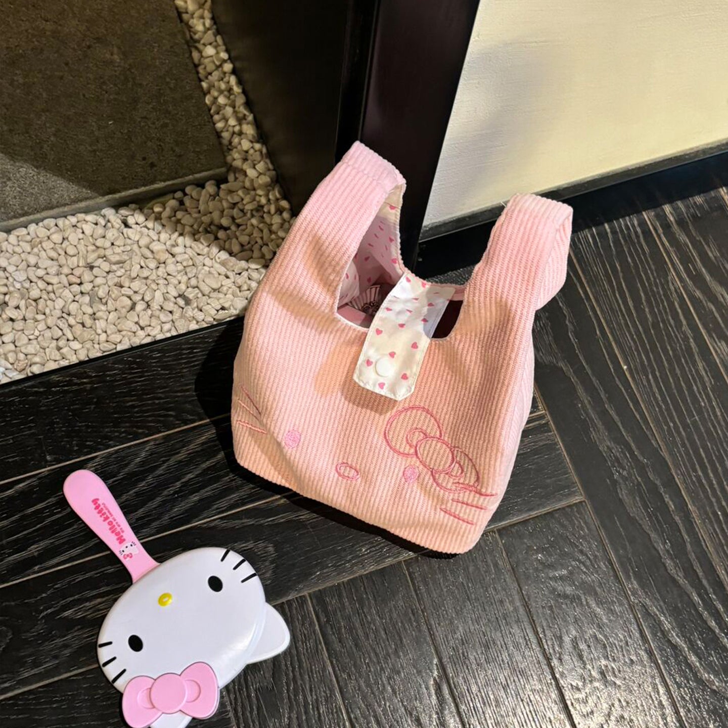 Cute Cartoon Cat Corduroy Handbag Heart-Shaped Pattern Everyday Joker out of Portable Bag