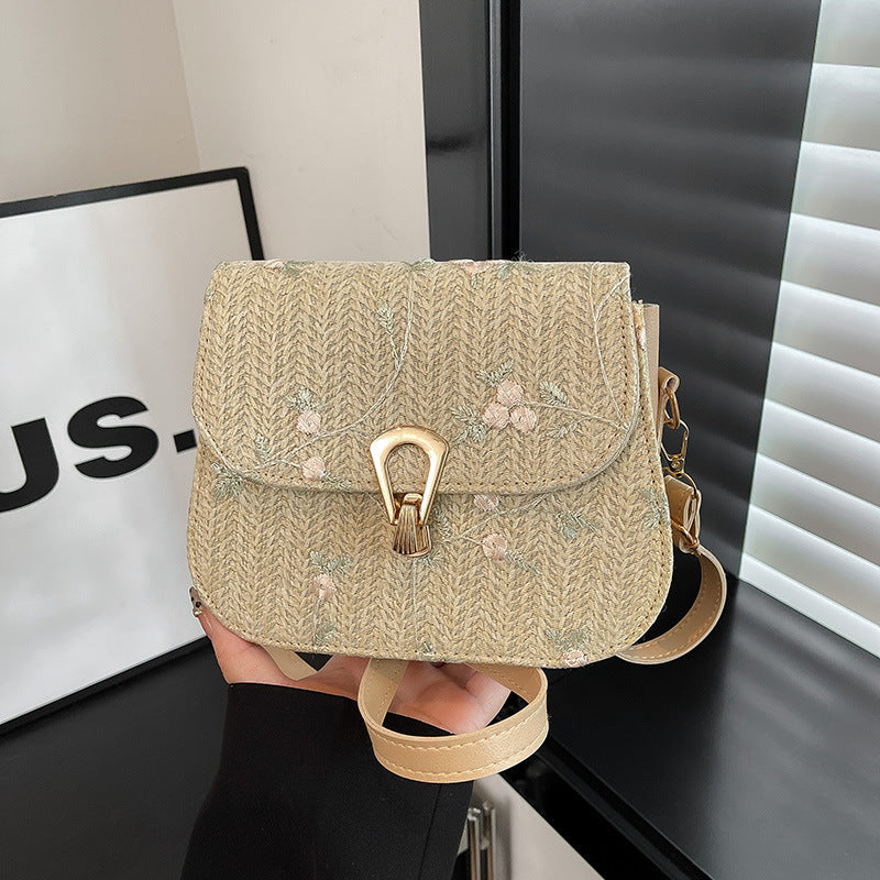 Chic Embroidered Woven Crossbody Bag for Women, Fashionable Casual Style with Golden Clasp and Adjustable Strap