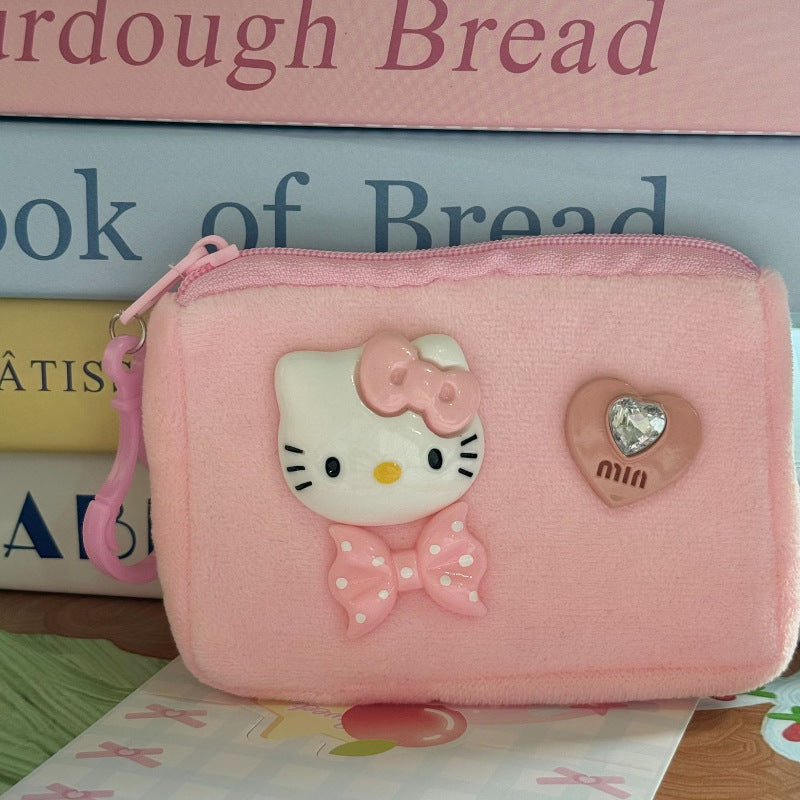 Cute Fluffy Hello Kitty Mini Wallet with Heart Charm - Soft Zipper Card Holder for Earphones and Cards, Perfect for Couples