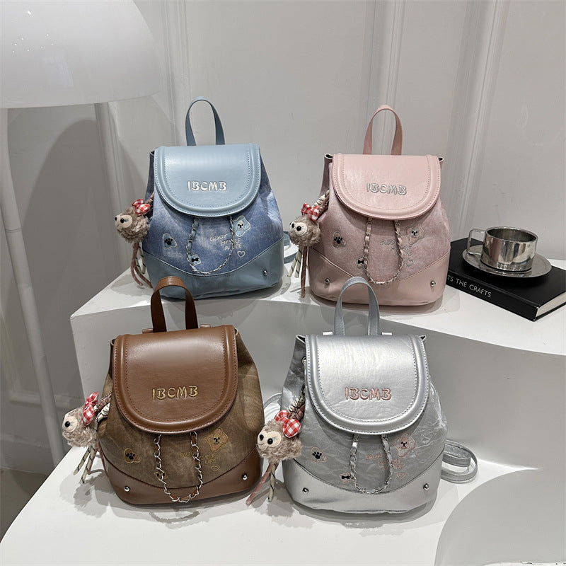 Cute Fashionable Backpack for Women with Chain Detail and Plush Charm, Perfect for Daily Use and School