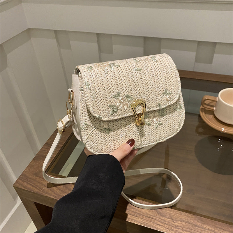 Woven Fashion Korean Lock Latch Shoulder Messenger Bag Spring New All-Match Small Square Bag Straw