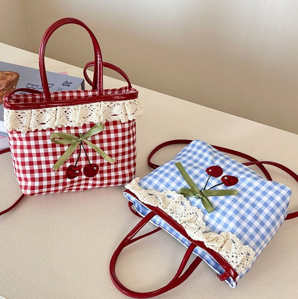 Plaid Tote Women's Summer New Fresh Cherry Hand Carrying Polka Dot Bow Cute Crossbody Bag
