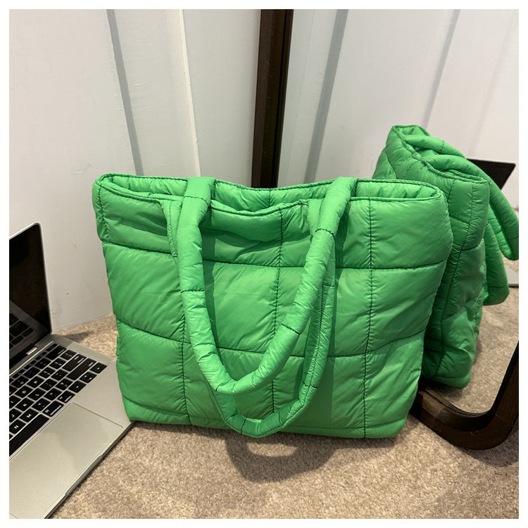 Fashionable Rhombus New Large Capacity Korean Style Solid Color down Cotton Casual Embroidery Thread Western Style Shoulder Handbag