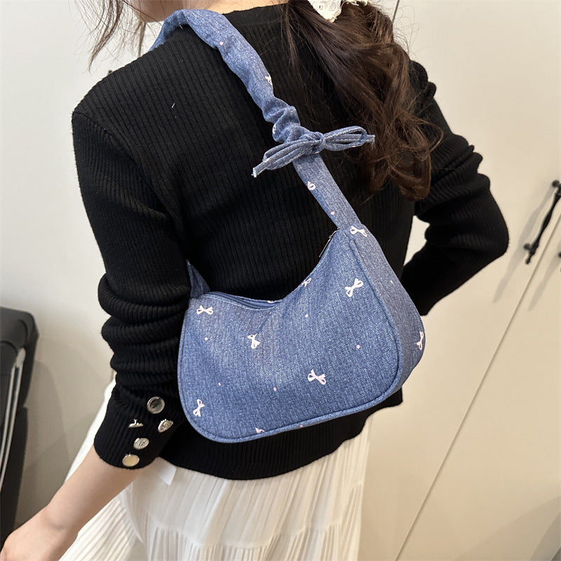 2025 New Denim Crossbody Bag for Women, Trendy Street Style with Bow Strap and Zipper Closure, Perfect for Daily Outfits