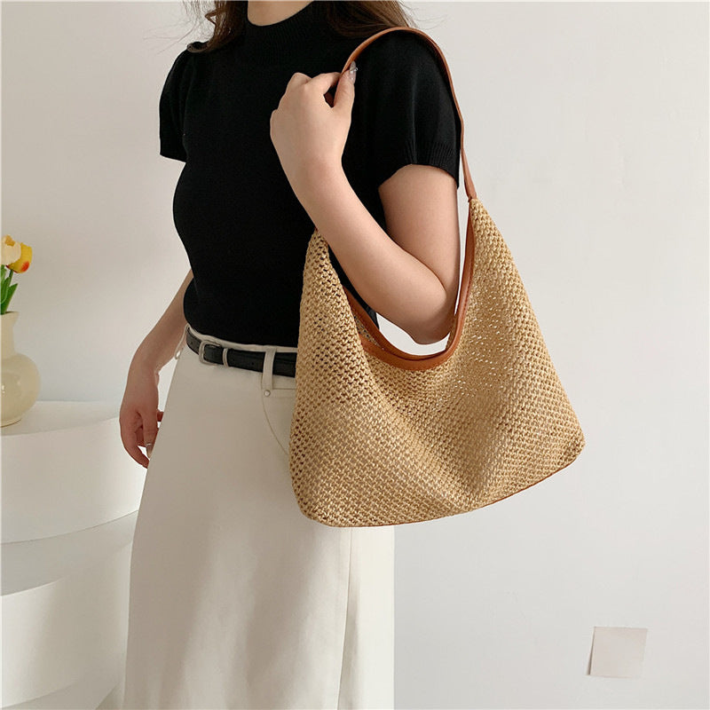 Retro Large Capacity Straw Woven Bag Women's New Vintage Weave Beach Underarm Bag Leisure Commuter Bag