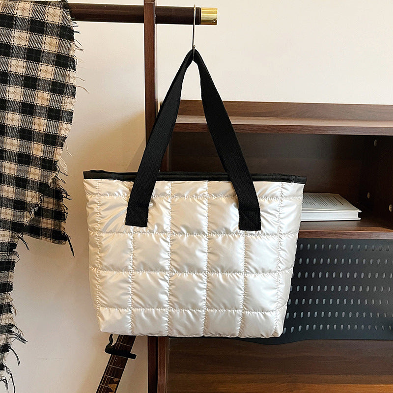 Underarm Bag Women's New Checkered Stitching Handbag Space Cotton Large Capacity down Jacket Tote Bag