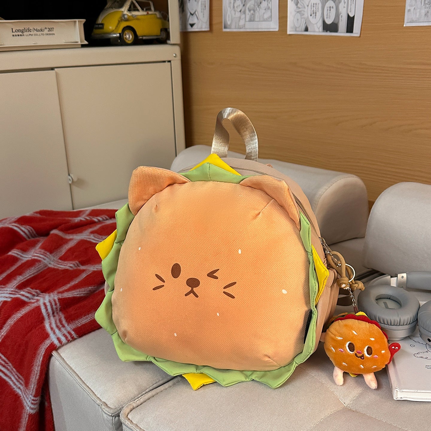 Cute Burger Cat Backpack for Kids and Teens - Stylish Dual Shoulder Bag with Soft Plush Design and Comfortable Back Support