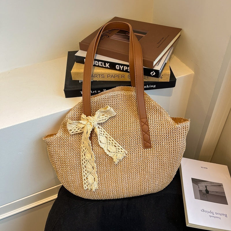 Straw Bag Women's Large Capacity New Summer Solid Color Simple Seaside Holiday Leisure Bag Shoulder Woven Bag