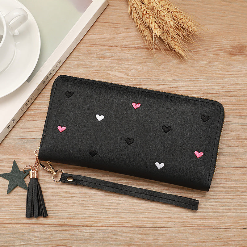 Cute Heart Embroidery PU Wallet for Women with Tassel Charm and Star Pendant, Compact Card Holder for Daily Use