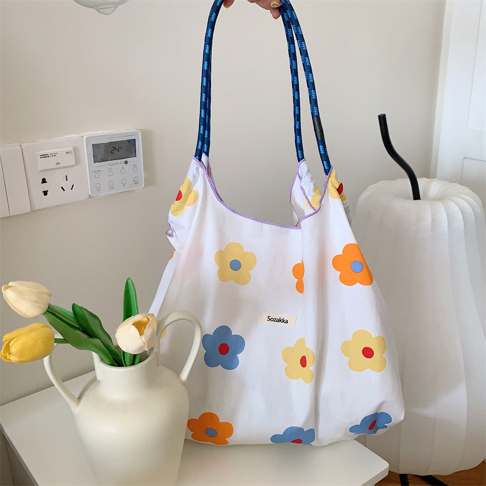Korean Style Summer Large Capacity Hand Shoulder Bag Drawstring Shopping Bag Fresh Floral Tote Bag Underarm Bag