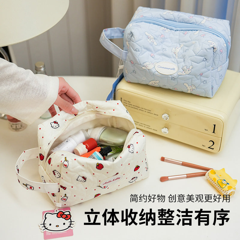 Cute Hello Kitty Quilted Cosmetic Bag with Cloud Design, Portable Travel Makeup Organizer for Women and Girls