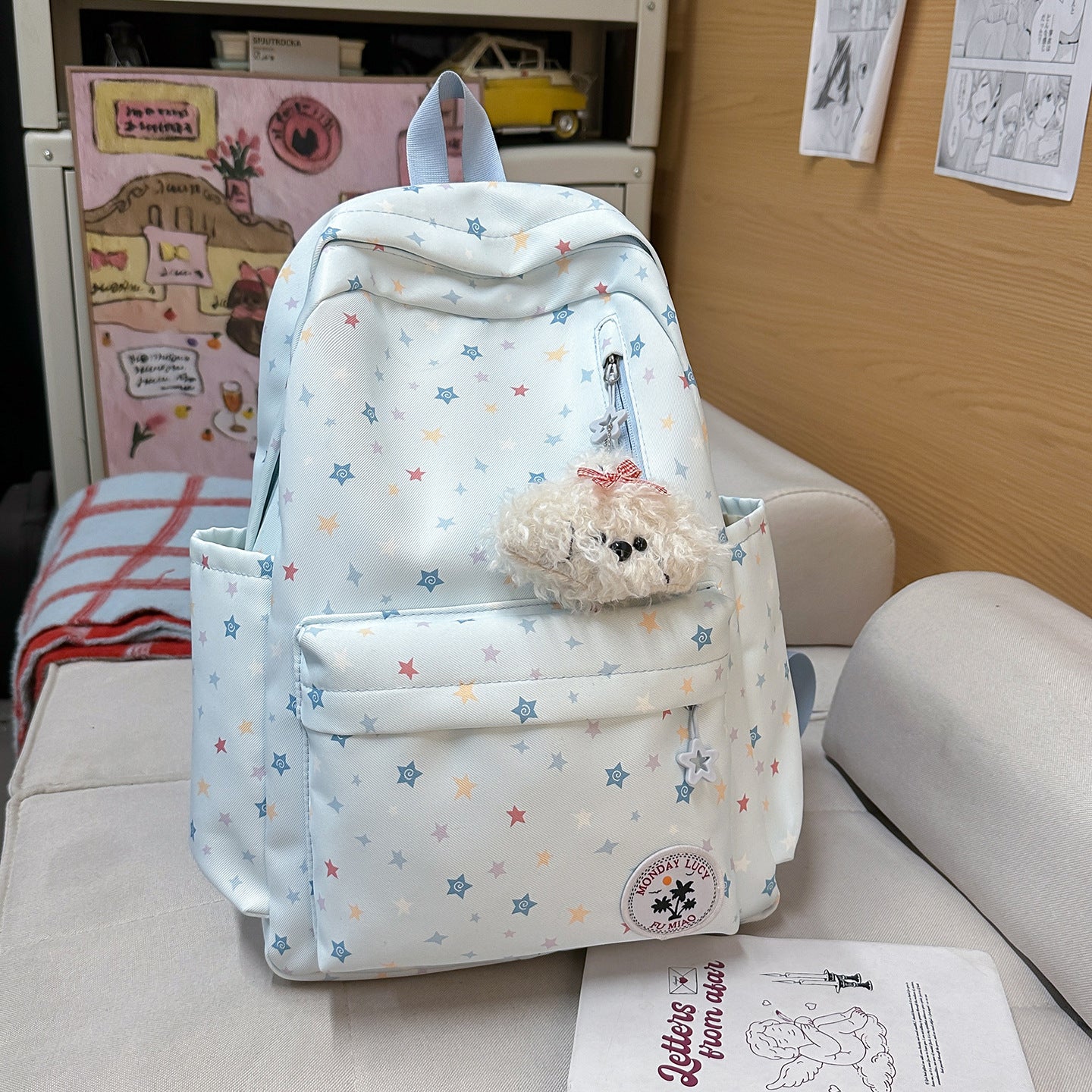 Cute Pastel Star Print Backpack for Girls, Soft Nylon School Bag with Front Pocket and Charm Design, Perfect for Elementary Students