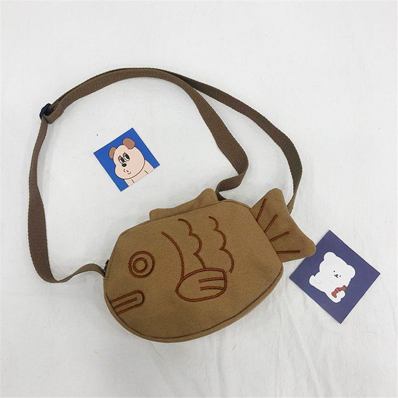 Cute Cartoon Fish Canvas Crossbody Bag with Embroidery Design for Daily Use