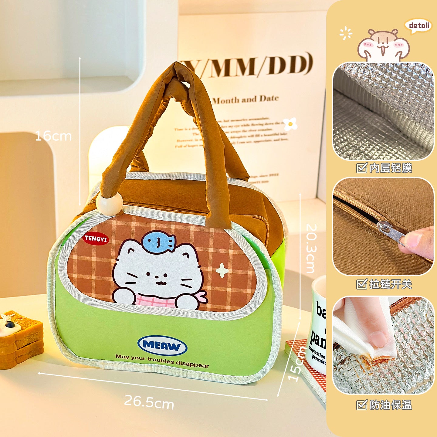 Cartoon Large Capacity Lunch Box Bag Zipper Aluminum Foil Insulation Portable Lunch Bag Work Commuter Portable with Rice Lunch Bag