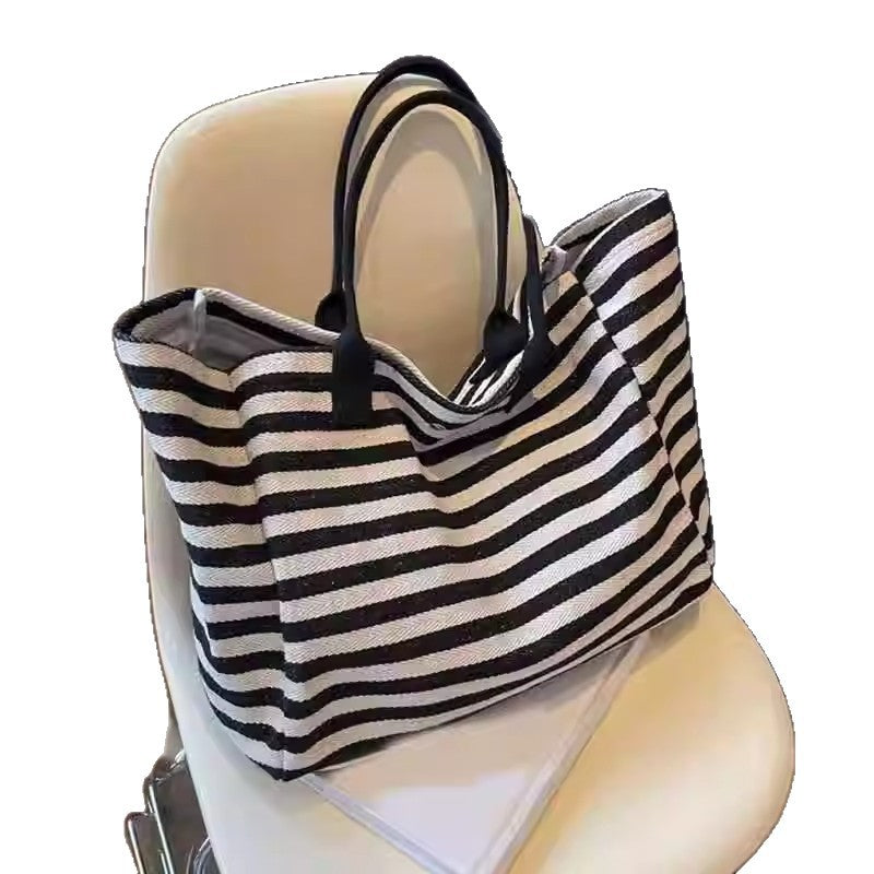 2025 New Striped Canvas Tote Bag for Women, Large Capacity Shoulder Bag with Phone Pocket, Urban Minimalist Style
