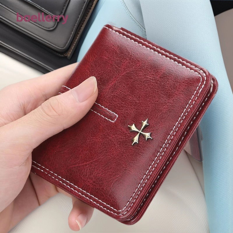 Women's Wallet Korean-Style Short Multiple Card Slots Oil Wax Leather Card Holder Fashion All-Match Zipper Coin Purse