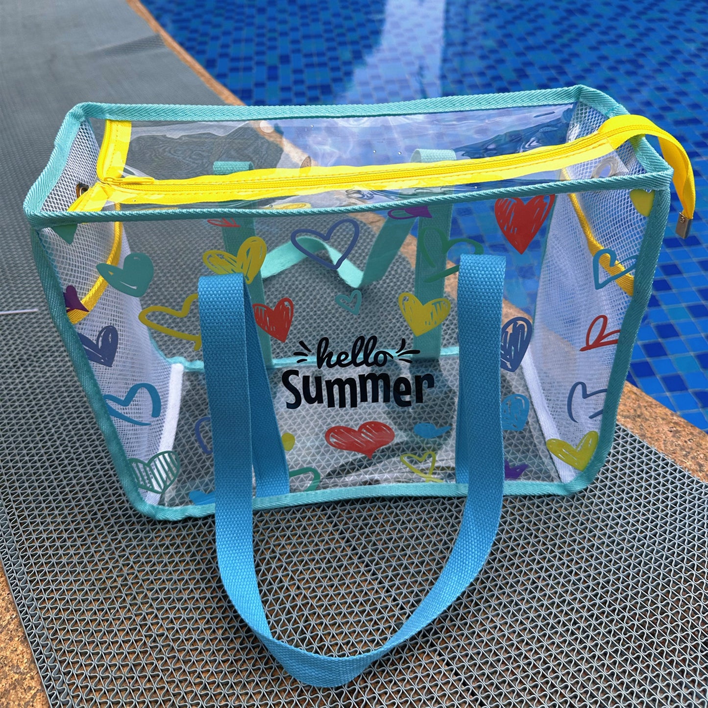 Transparent Waterproof Beach Bag with Summer Print, Large Capacity for Swimwear and Toiletries, Perfect for Pool and Travel