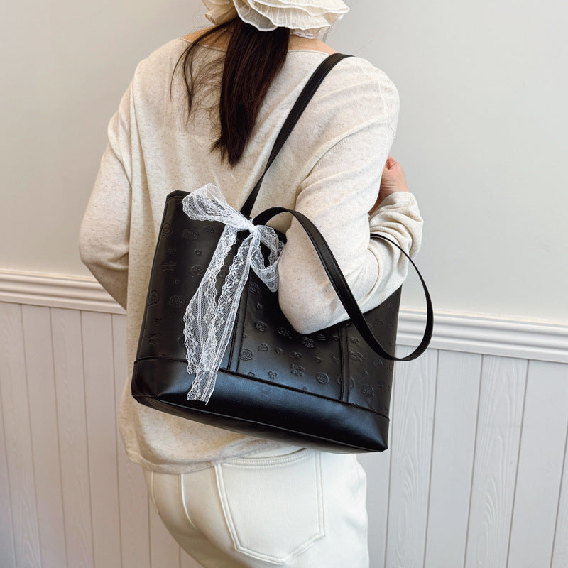 New Fashion Large Capacity Totes Women's Commuter Shoulder Bag Lace Embellished Zipper Closed Design Versatile Practical
