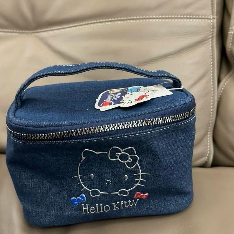 Cute Hello Kitty Denim Cosmetic Bag with Large Capacity and Zipper Closure for Daily Use