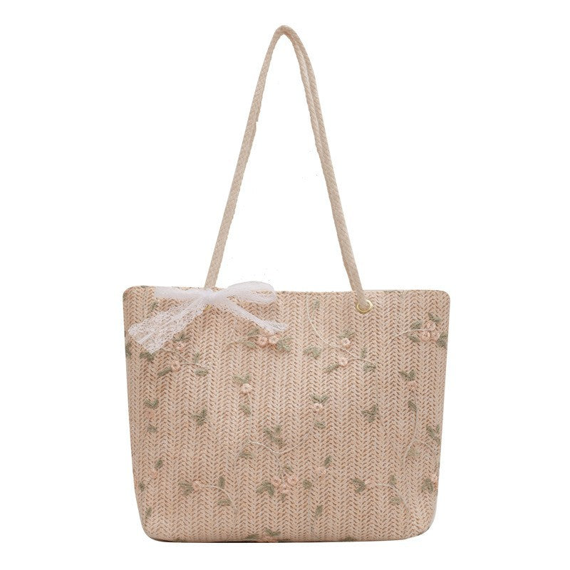 New Korean Style Women's Tote Straw Lace Embroidered Shoulder Bag Large Capacity Fashion Bucket Bag Women's Everyday Joker Handbag