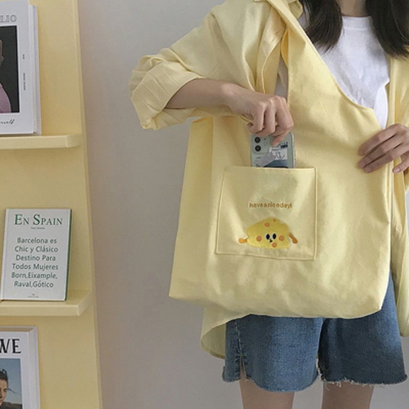 Cute Japanese Harajuku Style Tote Bag with Cartoon Print, Large Capacity Canvas Shoulder Bag for Daily Use and School