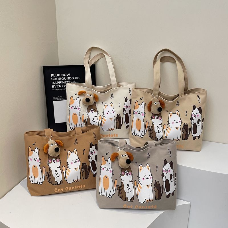 Cute Cat Cartoon Canvas Tote Bag for Women, Large Capacity Shoulder Bag with Plush Charm, Perfect for Daily Use and School