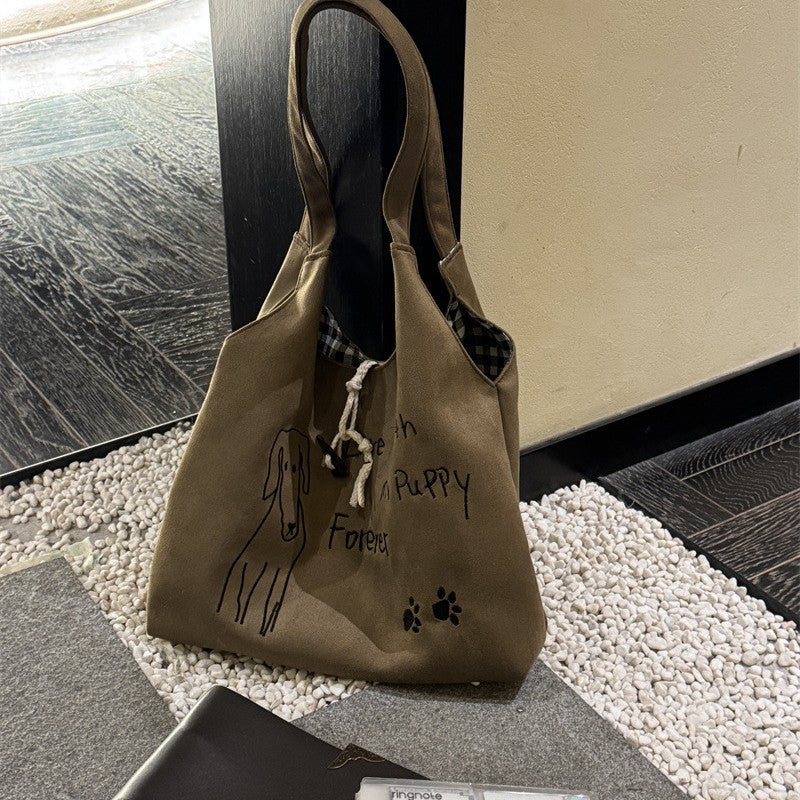 New Embroidered Puppy Deerskin Velvet Shoulder Bag Retro Large Capacity Student Commuter Tote Everyday Joker Fashion Design