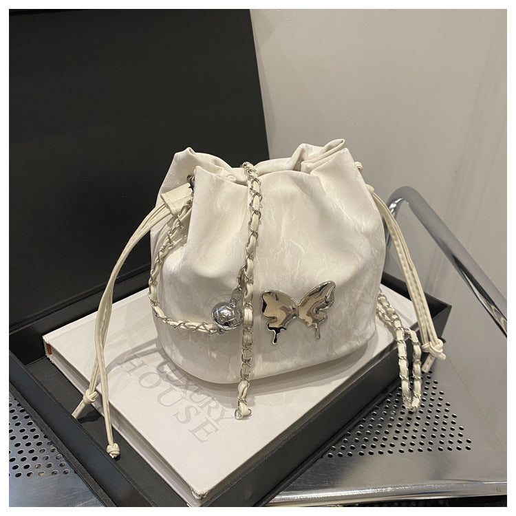 Fashionable Drawstring Bucket Bag with Chain Strap and Cute Pom-Pom Charm for Women