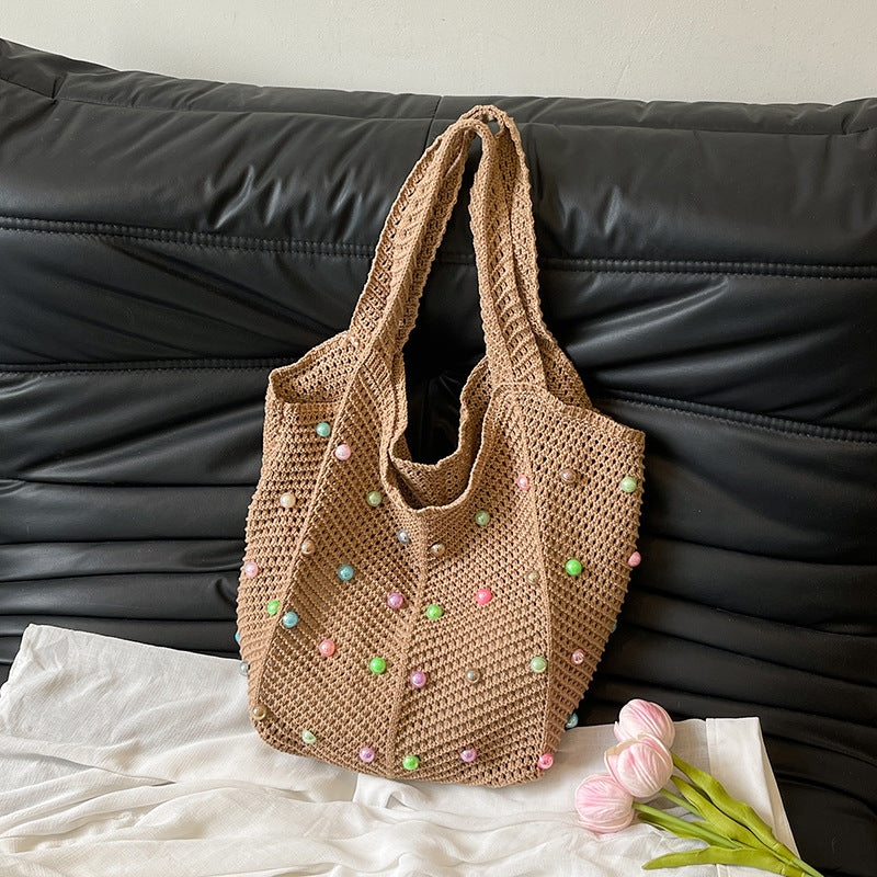 Idle Style Seaside Vacation Weaving Women's Summer New Pearl Hollowed-out Large Capacity Totes