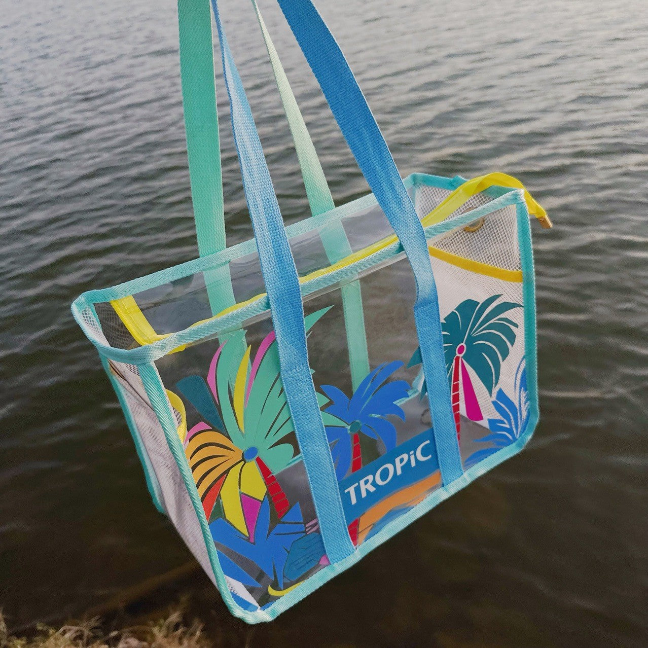Transparent Waterproof Beach Bag with Summer Print, Large Capacity for Swimwear and Toiletries, Perfect for Pool and Travel