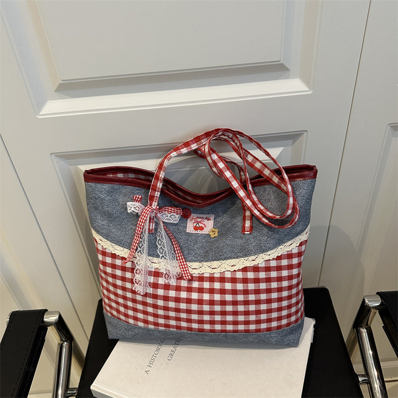 2025 New Korean Style Lace Checkered Tote Bag for Women, Casual Everyday Shoulder Bag with Large Capacity and Fashionable Design