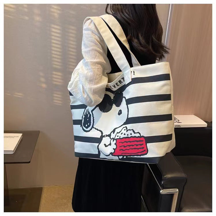 Cute Cartoon Print Canvas Tote Bag for Women, Casual Large Capacity Shoulder Bag with Fashionable Design and Soft Texture
