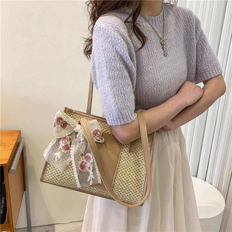 Woven Tote Bag Women's Spring Fashion Embroidered Flower Bow Tie Large Capacity Retro Style Handbag