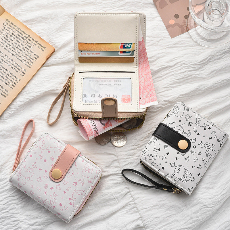 Simple Cute Kitten Japanese Style Women's Buckle Coin Pocket Portable Belt Women's Multi-Functional Short Wallet Wallet Card Holder