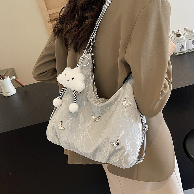 2025 Spring New Women's Large Capacity Tote Bag with Cloud Charm and Butterfly Embellishment, Perfect for Daily Commute and Casual Style
