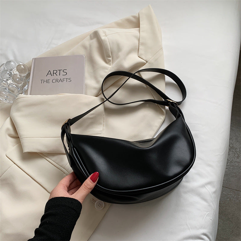 New Trendy Women's Bags Retro Design Soft PU Leather Half-Moon Shoulder Bag Simple Daily Commuter Messenger Bag