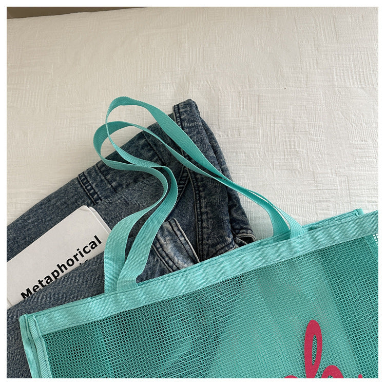 Voile Tote Bag Transparent Shopping Bag Swim Bag Nylon Mesh Letter Large Capacity Beach Bag