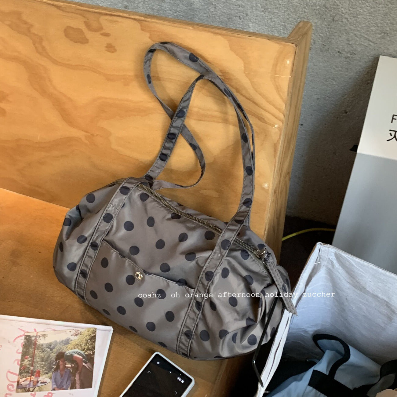 Chic Polka Dot Nylon Shoulder Bag with Zipper Closure and Inner Pocket for Everyday Urban Style