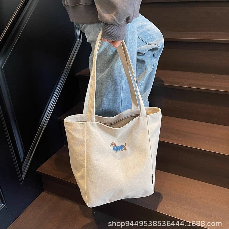 Stylish Canvas Tote Bag with Embroidered Dachshund Design, Large Capacity for Daily Commute and School Use