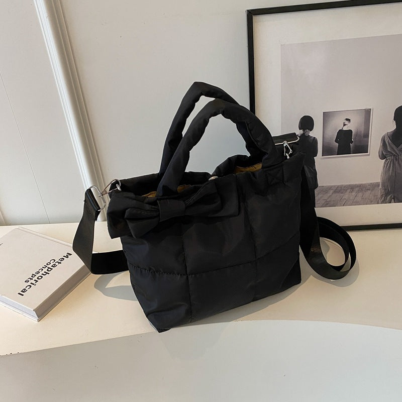 Women's Shoulder Bag Large Capacity Rhombus Solid Color Minimalist Bowknot New Astronaut Bag Cotton Jacket Bag