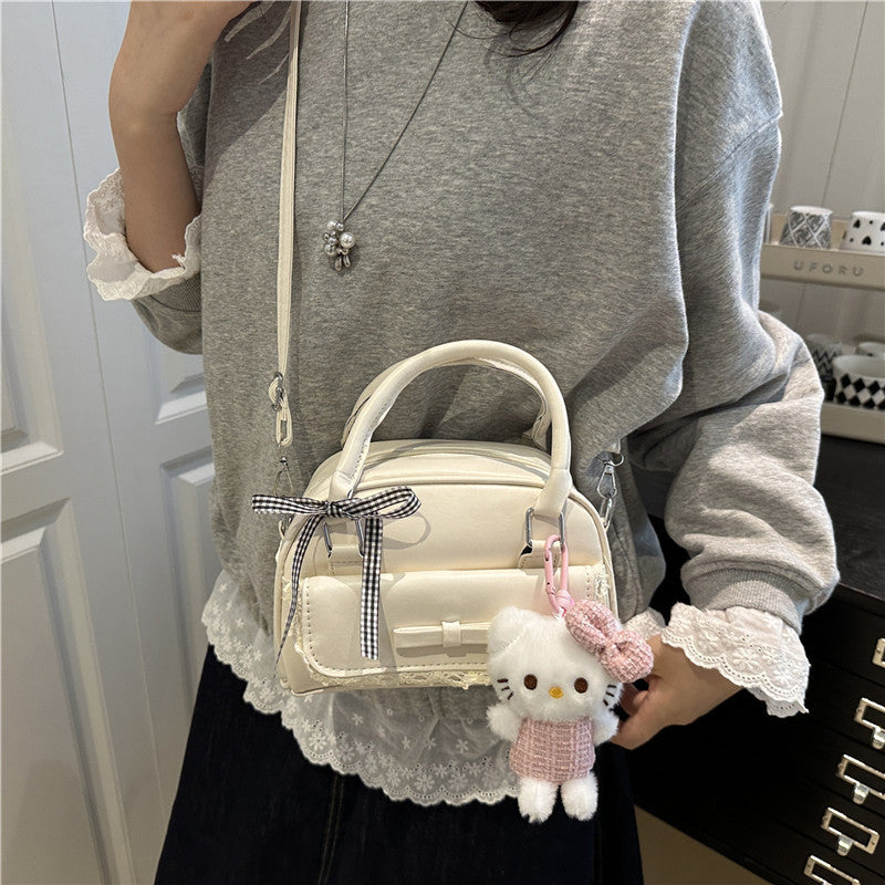 2025 Trendy Minimalist Bow Handbag for Women, Fashionable Crossbody Bag with Cute Plush Charm, Elegant Bowling Shape Design