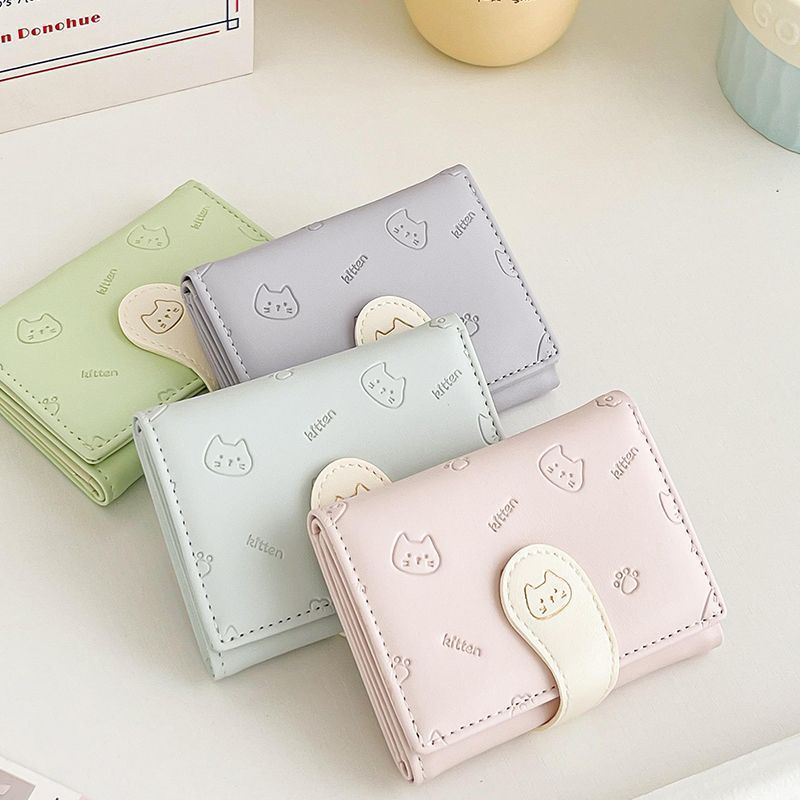 Cat Tail Cute Ladies Card Holder Fashion Buckle Cartoon Printed Pu Short Tri-Fold Coin Purse Wallet