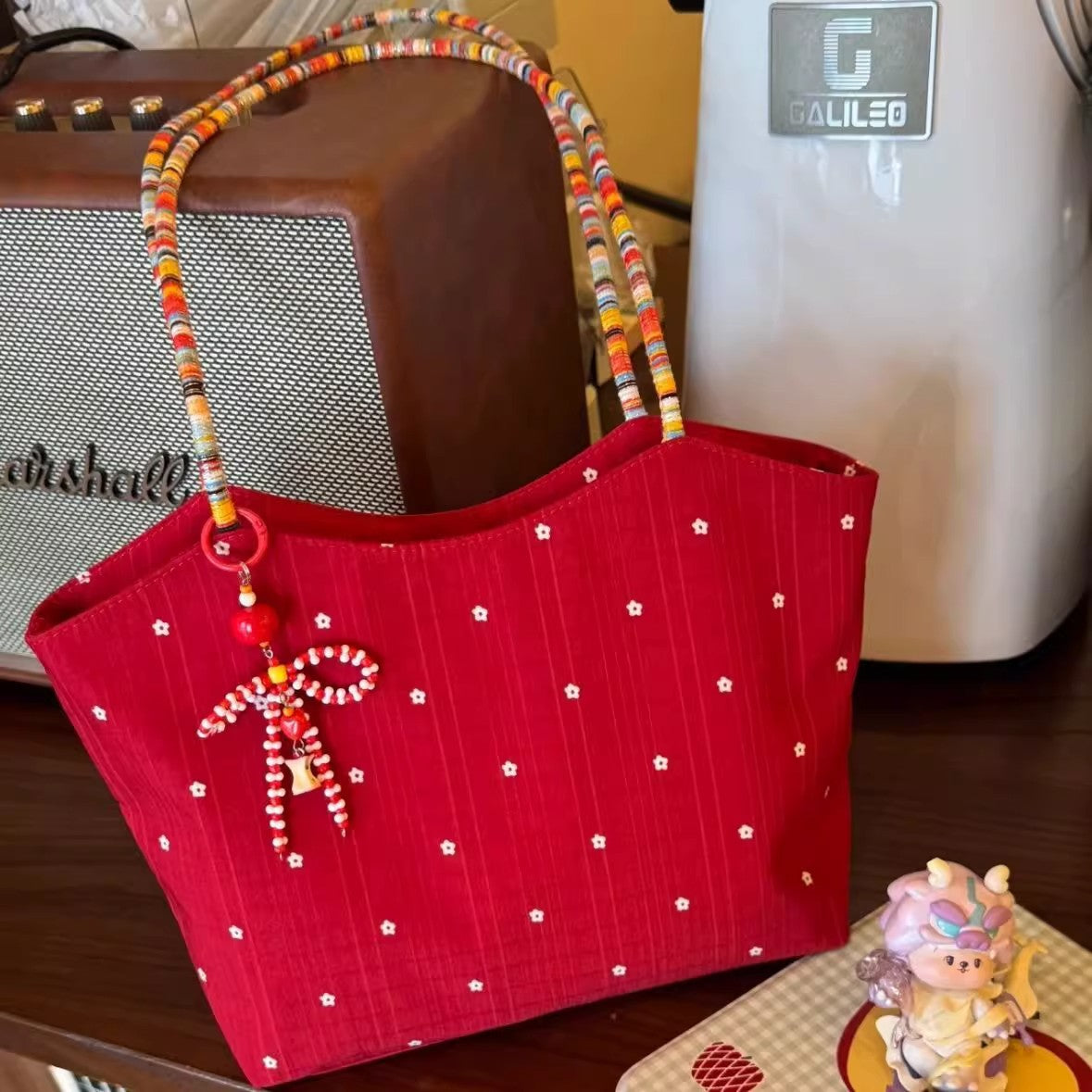 Korean Style Floral Canvas Tote Bag with Colorful Beaded Strap and Sweet Bow Charm for Daily Use