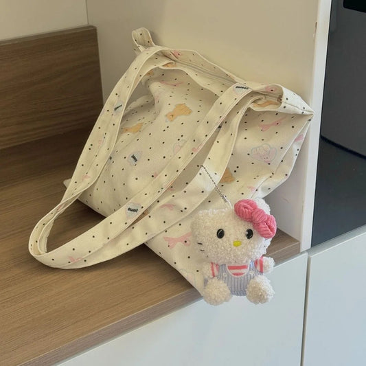 Cute Cartoon Canvas Tote Bag for Women, Large Capacity Shoulder Bag with Hello Kitty Charm, Perfect for Daily Commute and Shopping
