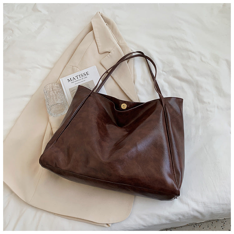 Tote Bag Women's Bag New Japanese and Korean Large Capacity Soft Leather One Shoulder Retro Casual Portable Bucket Bag